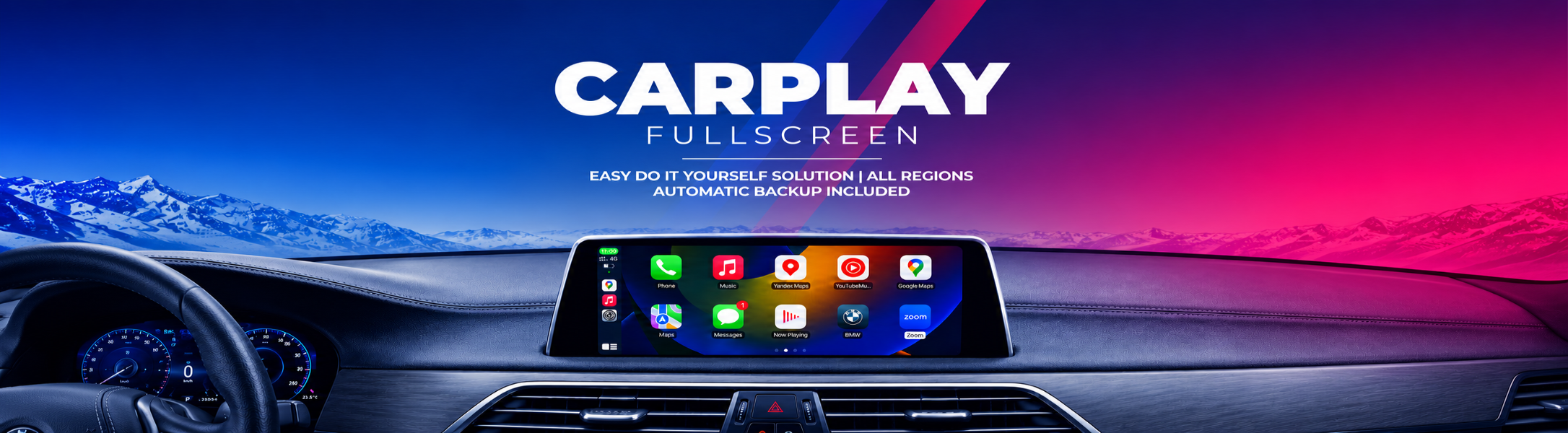 Car dashboard with CarPlay display against a scenic background