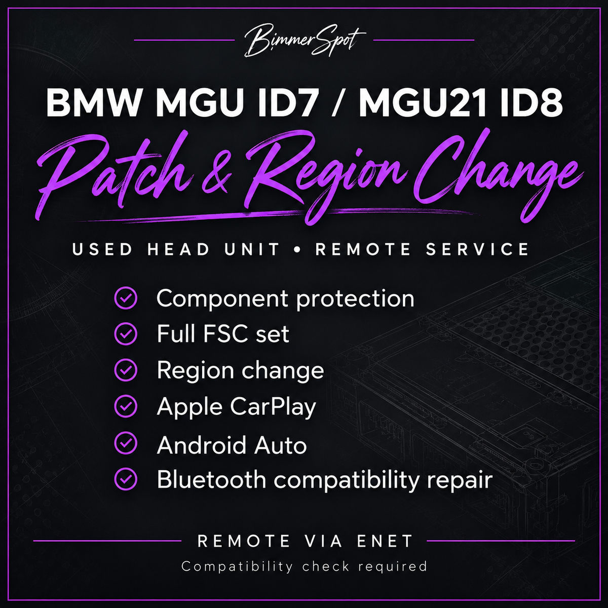BMW MGU ID7 MGU21 ID8 Used Head Unit Patch Region Change Remote Service