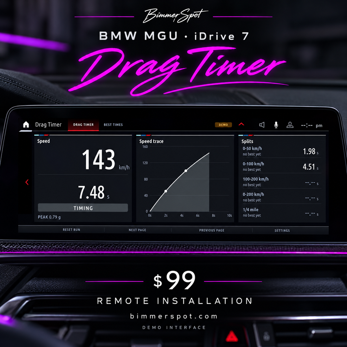 BimmerSpot Drag Timer for BMW MGU iDrive 7 — developer demo interface, $99 remote installation