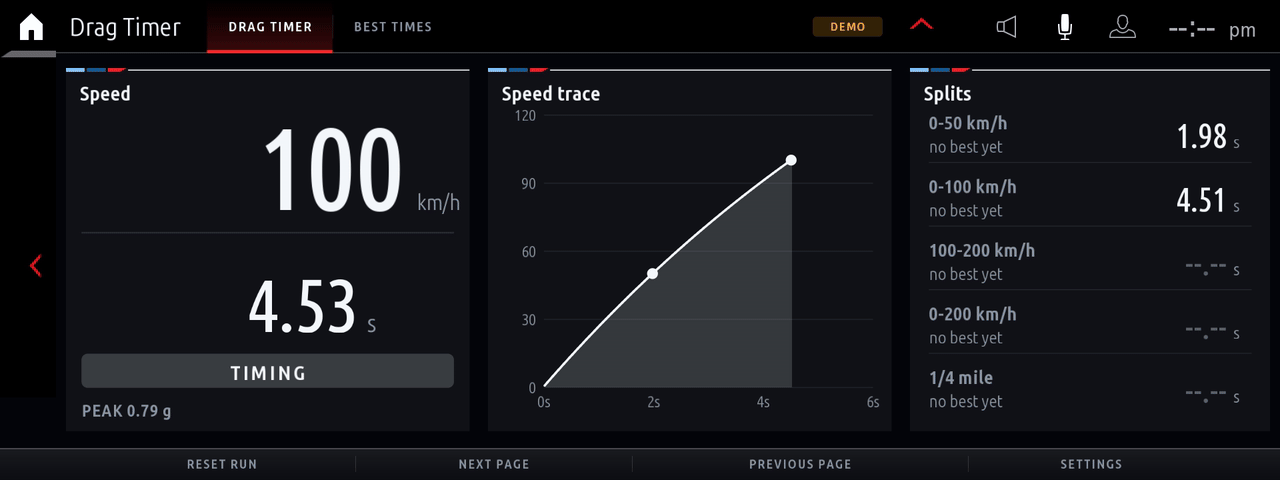 Drag Timer developer demo — simulated acceleration, speed graph and quarter-mile timing